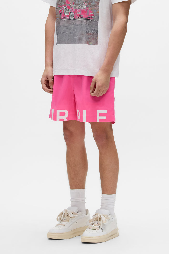 Wordmark Cut All Around Short in pink with elastic waistband and water-repellent treatment.