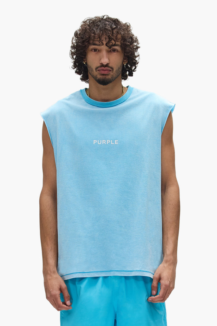 Wordmark Cut Tank Top in faded wash with silicone printed logo and regular fit, available in multiple sizes.
