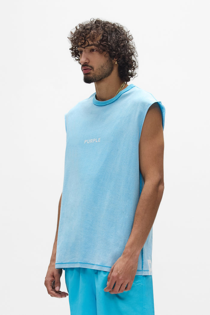 Wordmark Cut Tank Top in faded wash with silicone printed logo, available in all sizes.