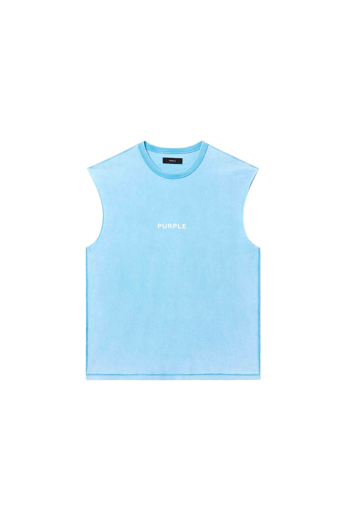Wordmark Cut Tank Top in Cyan Blue, 100% cotton, regular fit, textured jersey, faded wash.