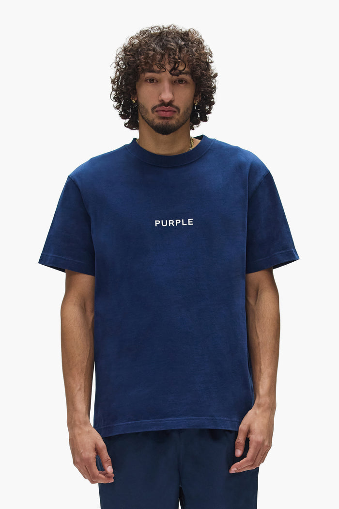 Wordmark Cut Tee in navy, 100% cotton, regular fit, heavyweight jersey, acid wash.