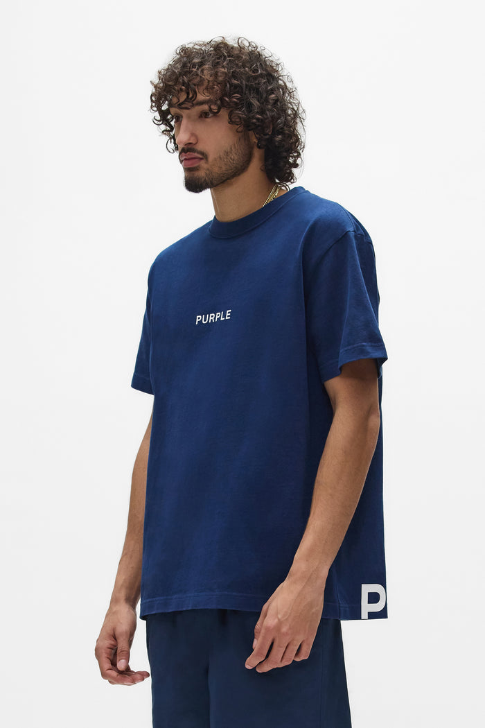 Wordmark Cut Tee in navy, 100% cotton, regular fit, heavyweight jersey, acid wash finish.
