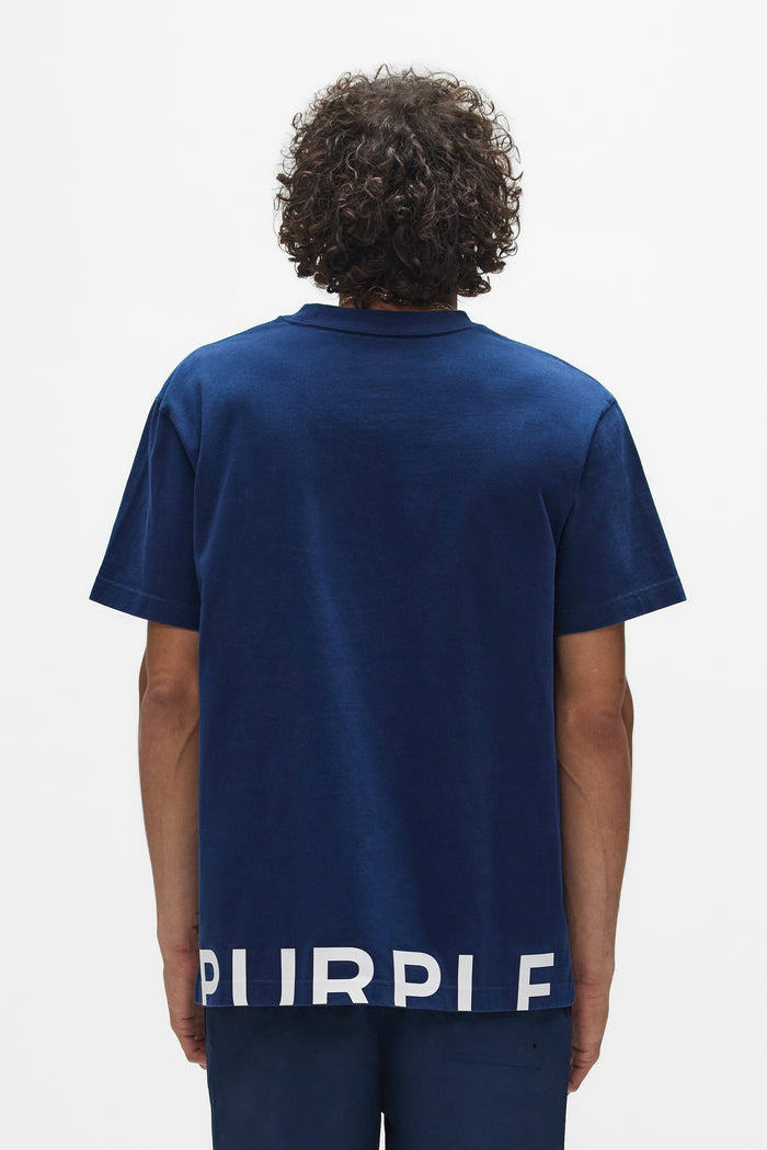 Wordmark Cut Tee in navy, 100% cotton, regular fit, heavyweight jersey, acid wash finish.