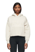 Wordmark Hoodie in heavyweight tan fleece with tonal Purple Brand logo and large kangaroo pocket.