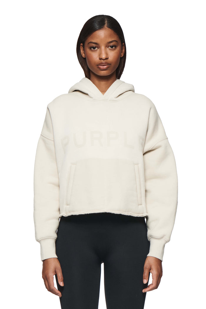 Wordmark Hoodie in heavyweight tan fleece with tonal Purple Brand logo and large kangaroo pocket.