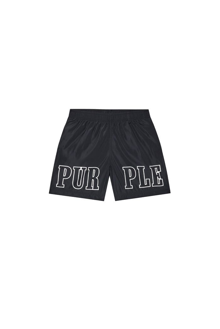 Wordmark Outline Swim Short in black with elastic waistband and water-repellent treatment.