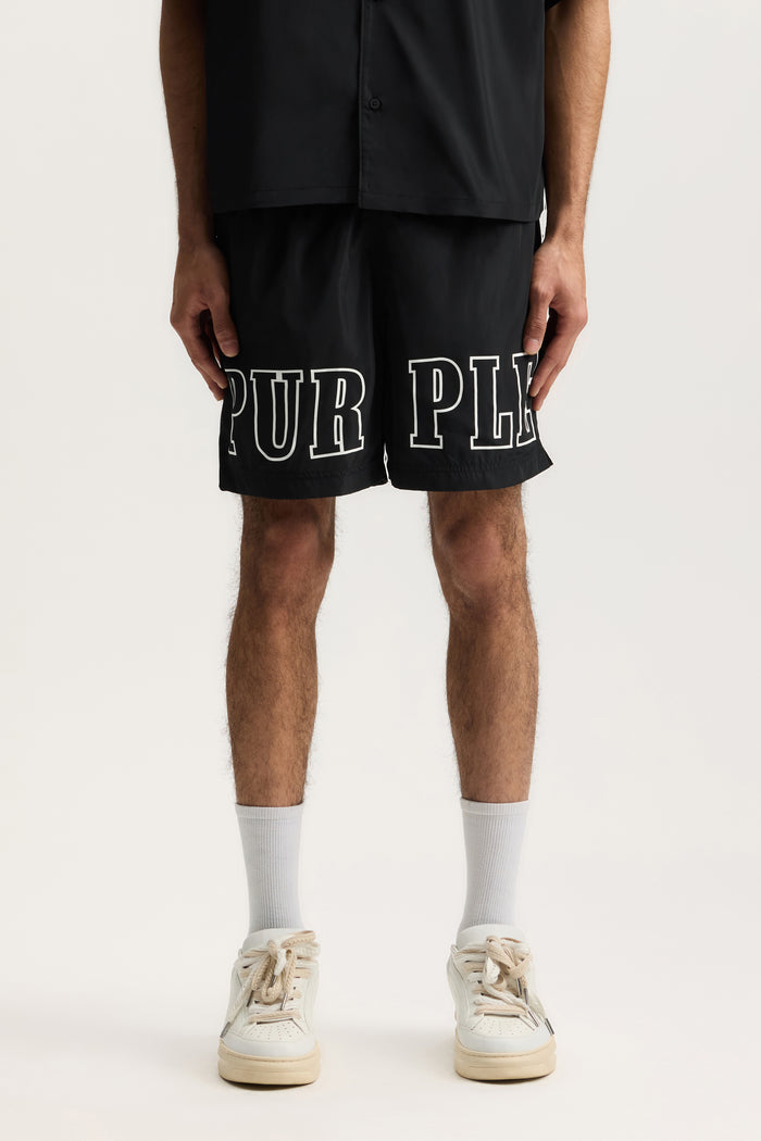 Wordmark Outline Swim Short with elastic waistband, available in various sizes.