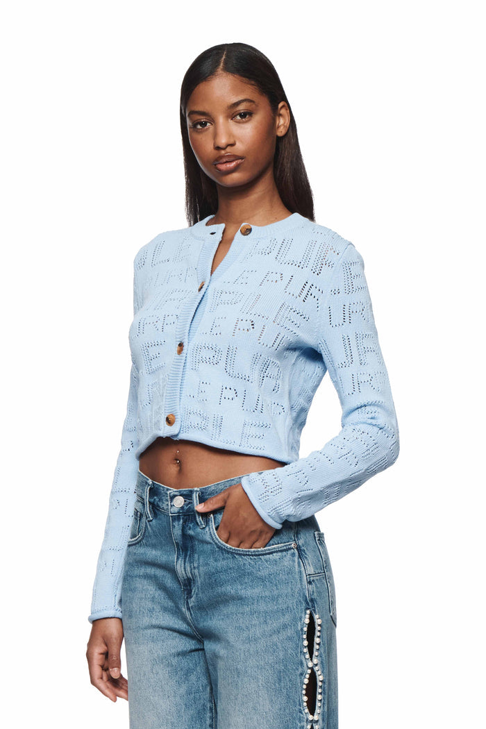 Wordmark Pointelle Cardigan with all-over logo design and button front placket.