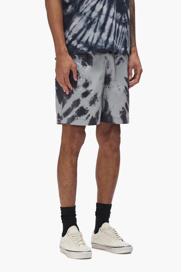 Wordmark Tie Dye All Around Short in woven polyester with elastic waistband and flat drawcord.