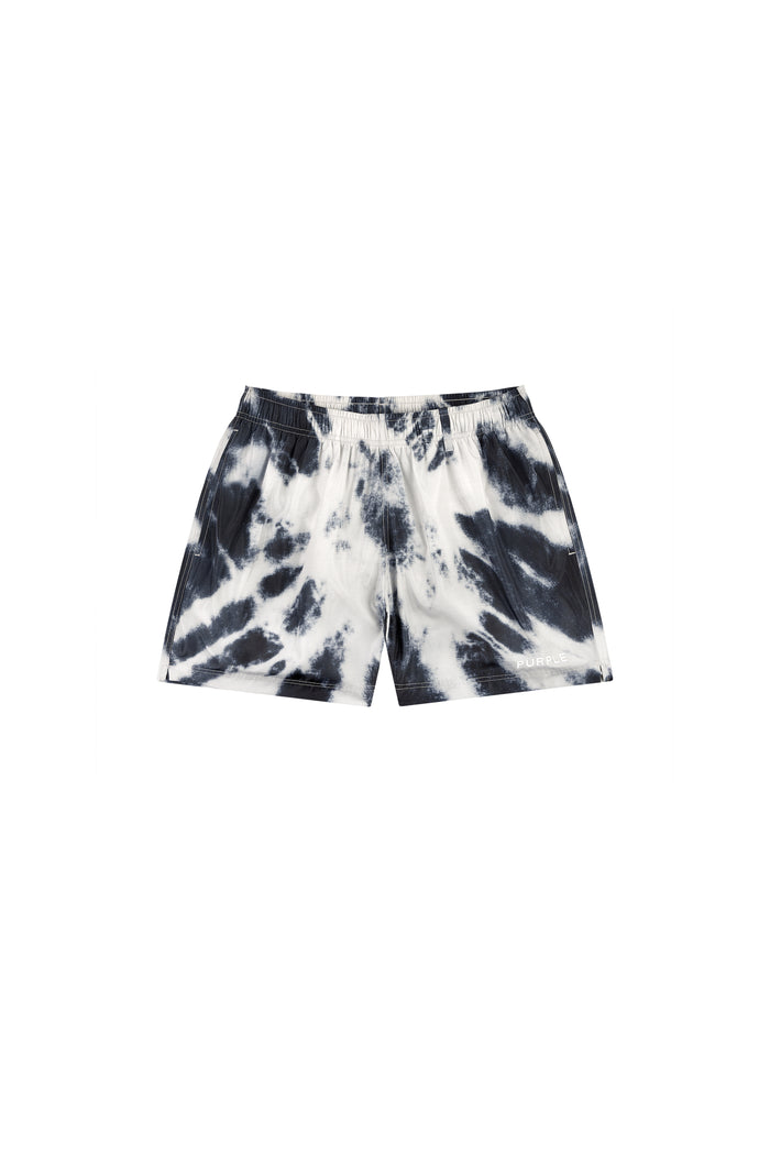 Wordmark Tie Dye All Around Short in various sizes with elastic waistband and water repellent treatment.