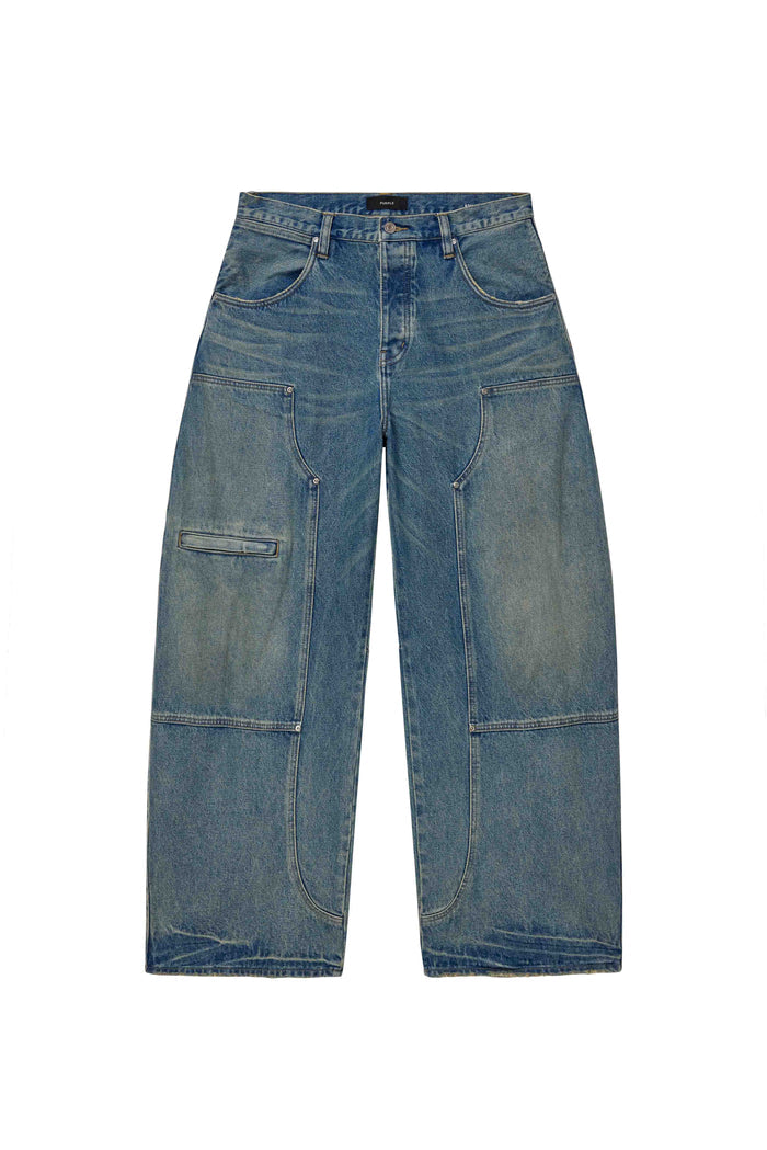 Workwear Barrel Jean in Washed Indigo with mid rise and barrel leg design, sizes 28 to 40.