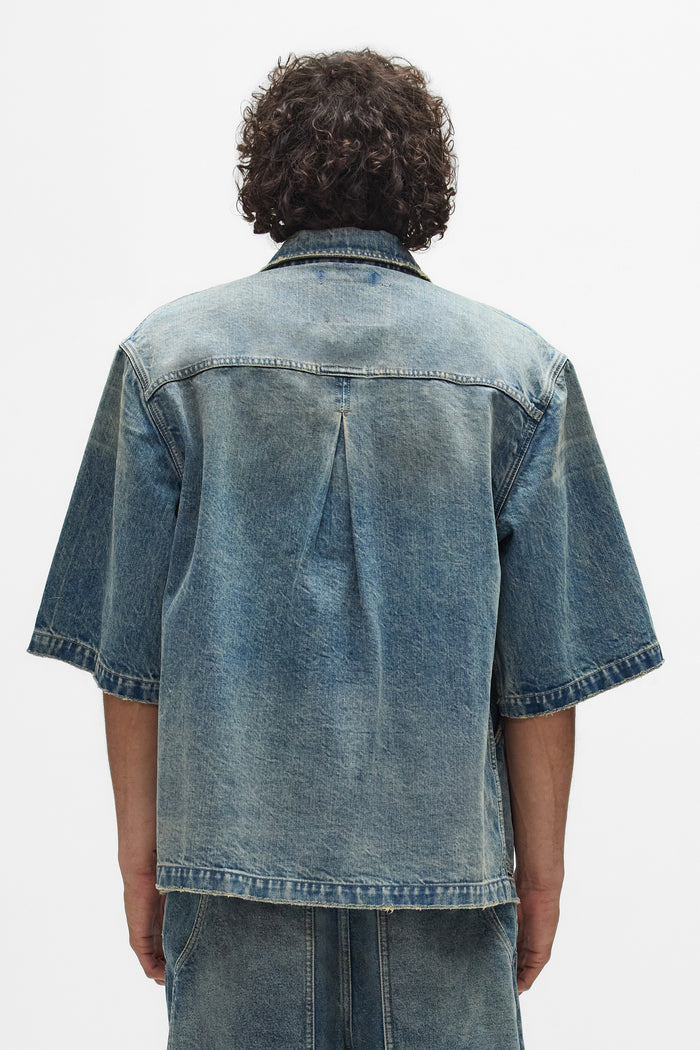 Workwear Shirt Cropped Length Oversized Washed Indigo with Snap Front Closure and Branded Rivets
