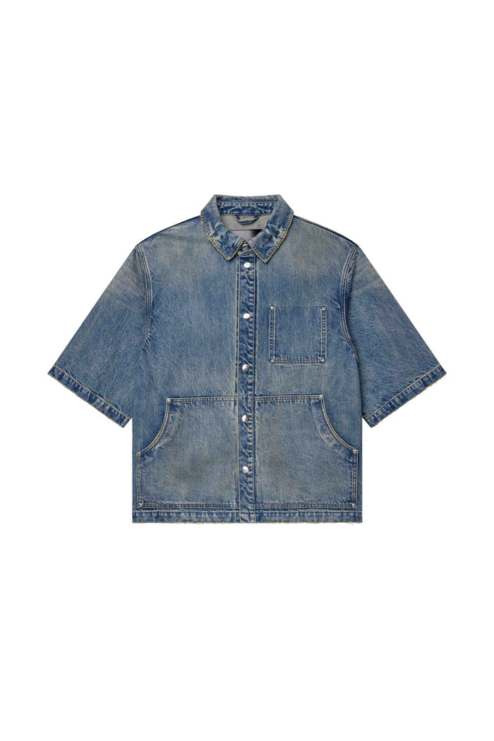 Workwear Shirt in Steel Blue, oversized, cropped length, 100% cotton, snap front closure.