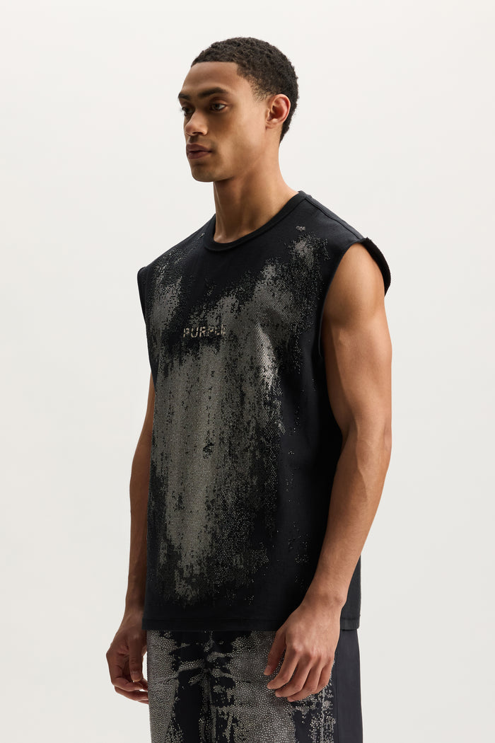 Worn Crystals Tank Top in textured jersey with screen print and hotfix, available in various sizes.