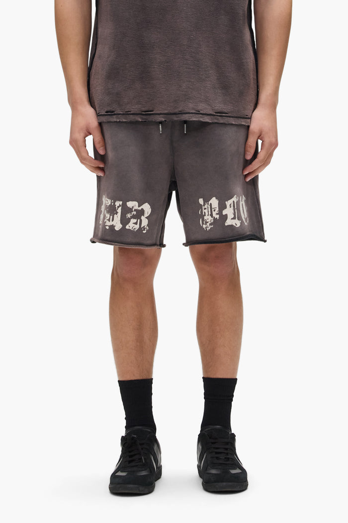 Worn Gothic Short relaxed fit heavy cotton fleece with hand pockets and drawcord waist.