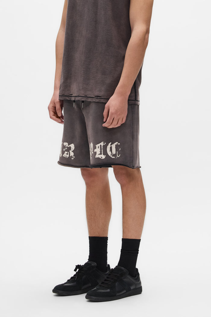 Worn Gothic Short relaxed fit heavyweight fleece shorts with screen print and distressing