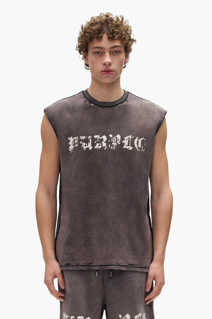 Worn Gothic Tank Top in bleach wash with screen printed design and distressing, Regular Fit.