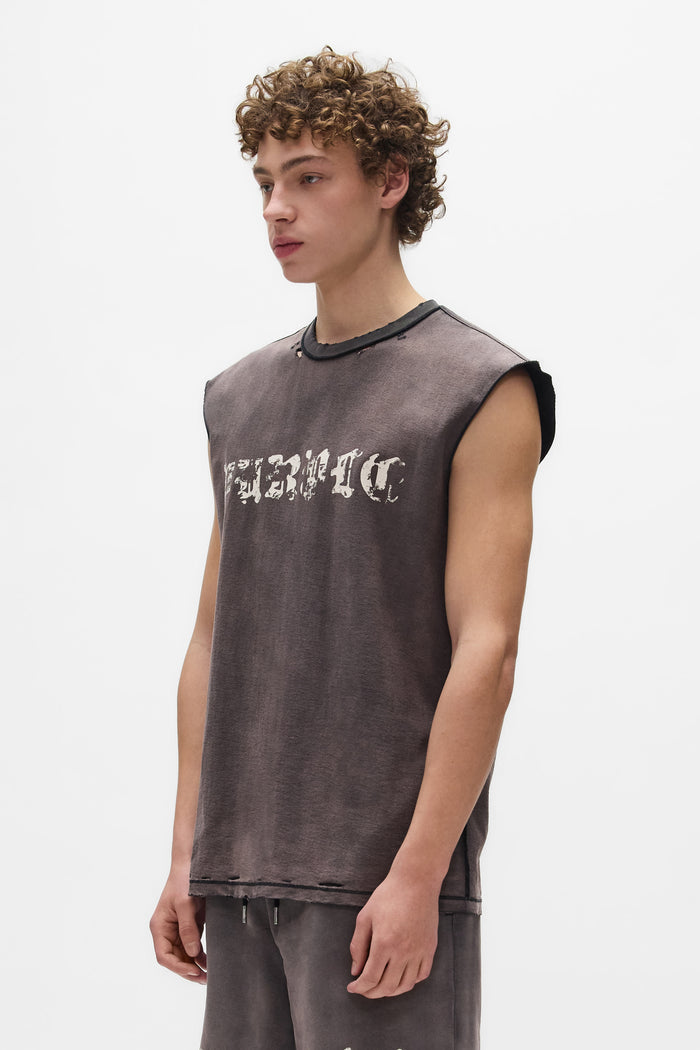 Worn Gothic Tank Top in bleach wash with screen printed design and distressing. Regular fit.