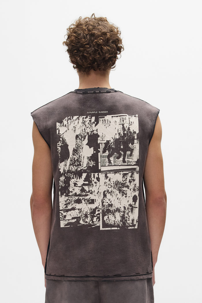 Worn Gothic Tank Top in bleach wash with screen printed design and distressing, regular fit.