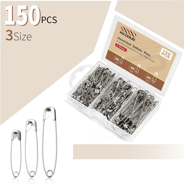 XKDOUS Safety Pins - 150 Pcs Assorted Sizes Silver Pins Bulk - Small & Large Heavy Duty for Clothes, Sewing, Craft